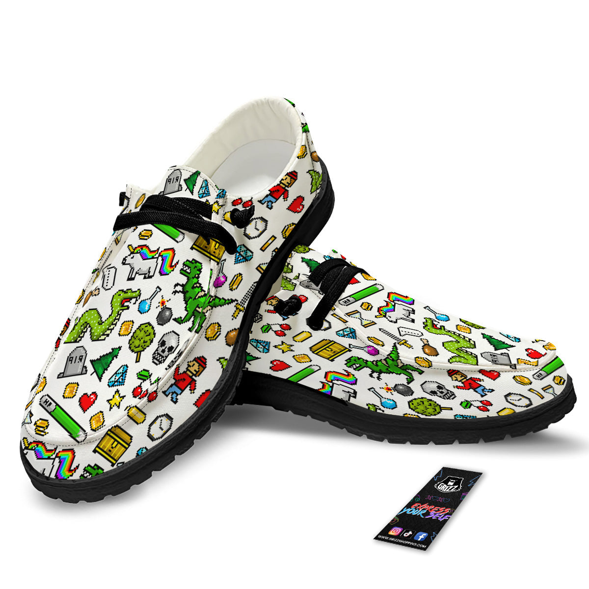 Pixel Art 8 Bit Retro Cartoon Print Pattern Black Loafers-grizzshop