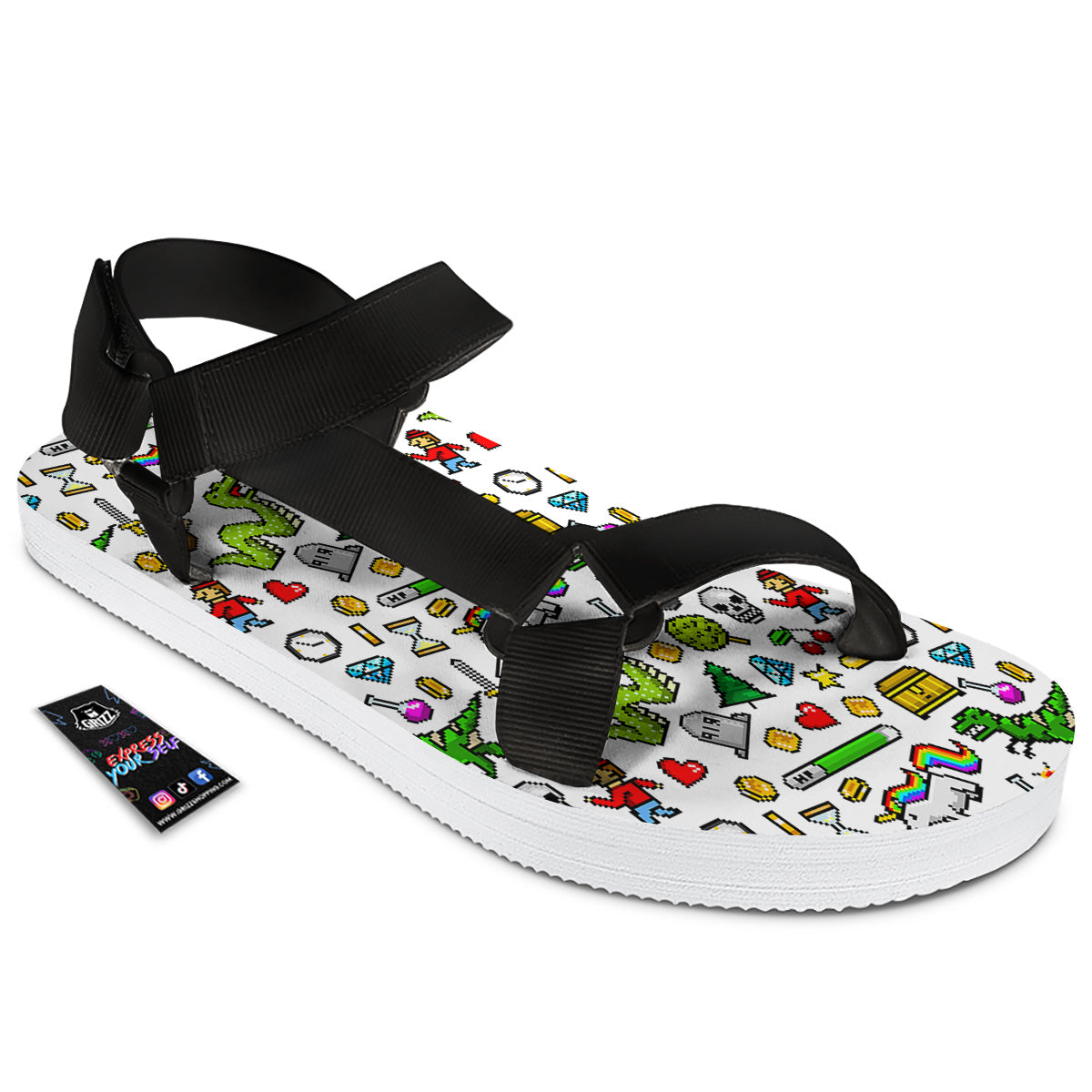 Pixel Art 8 Bit Retro Cartoon Print Pattern Black Open Toe Sandals-grizzshop