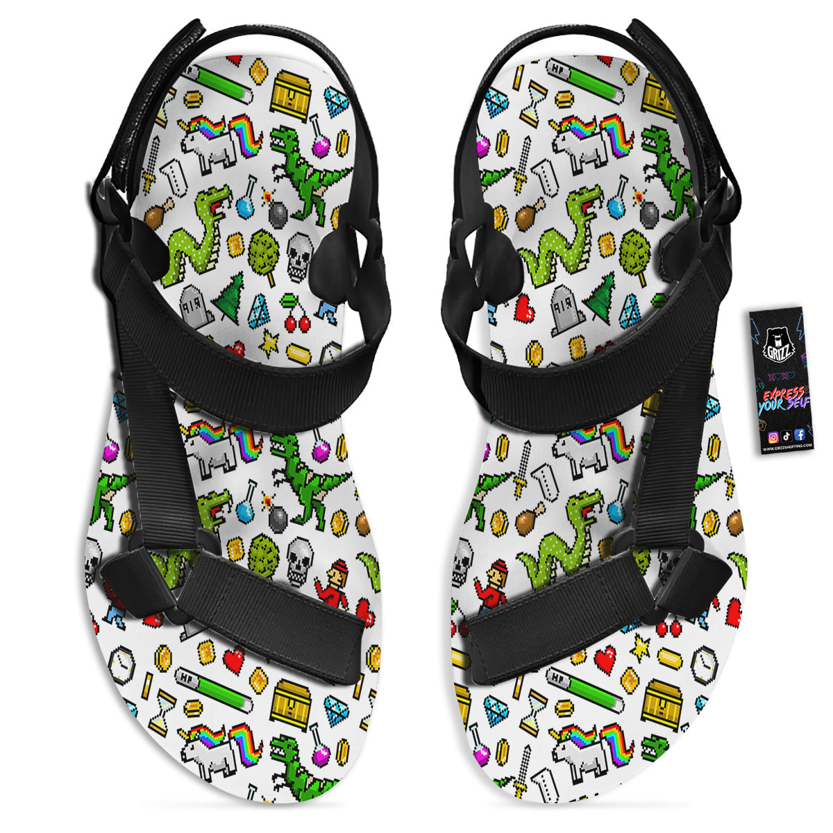 Pixel Art 8 Bit Retro Cartoon Print Pattern Black Open Toe Sandals-grizzshop