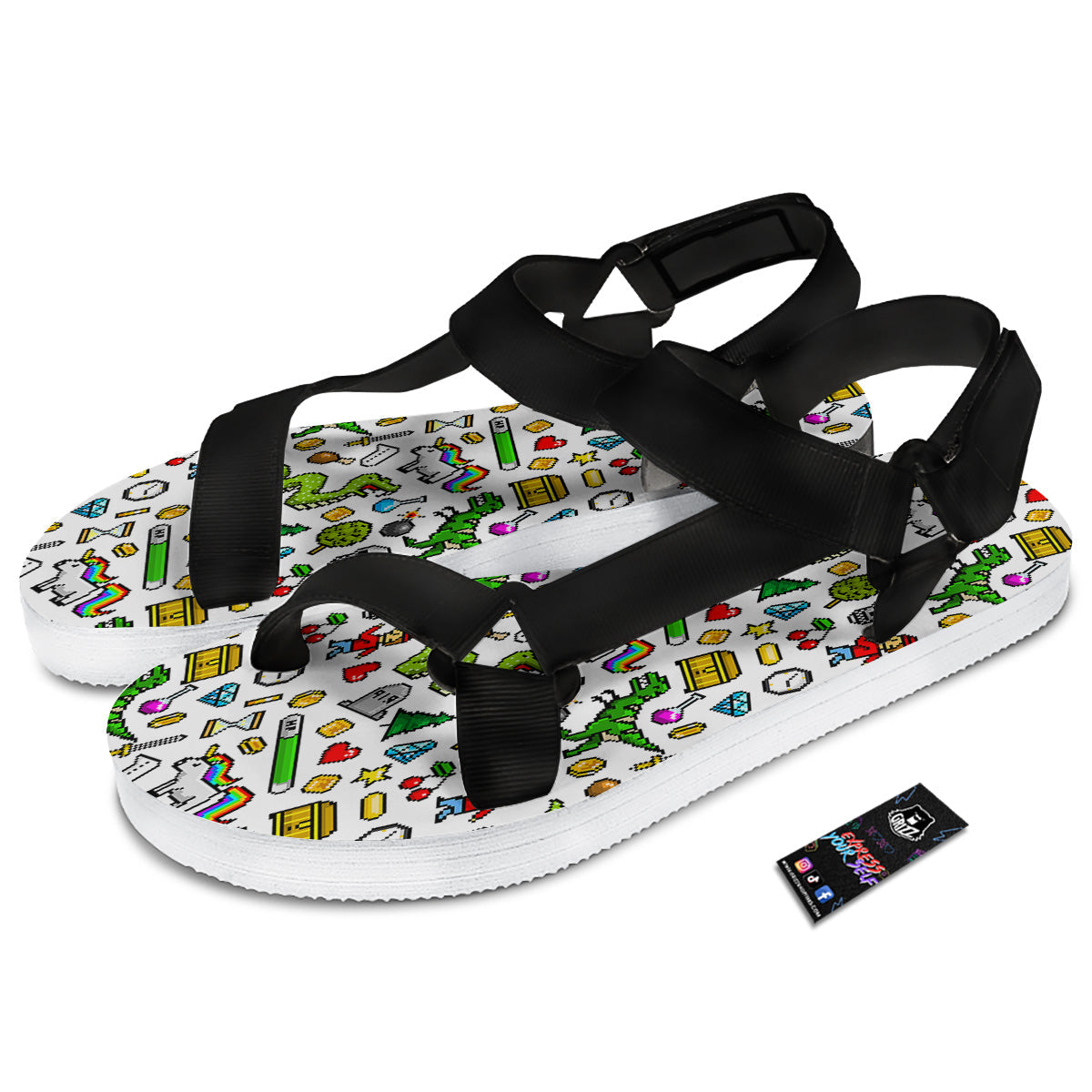 Pixel Art 8 Bit Retro Cartoon Print Pattern Black Open Toe Sandals-grizzshop