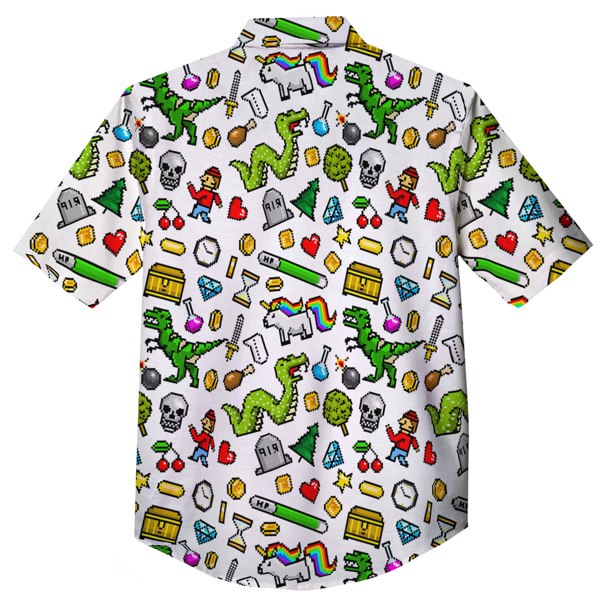 Pixel Art 8 Bit Retro Cartoon Print Pattern Button Up Shirt-grizzshop