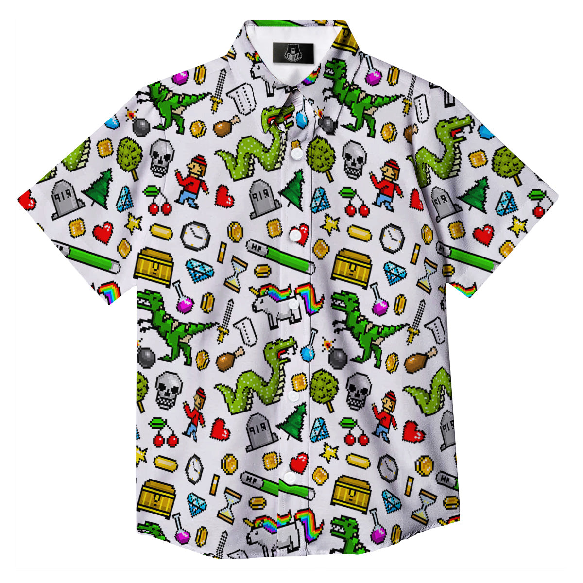 Pixel Art 8 Bit Retro Cartoon Print Pattern Button Up Shirt-grizzshop