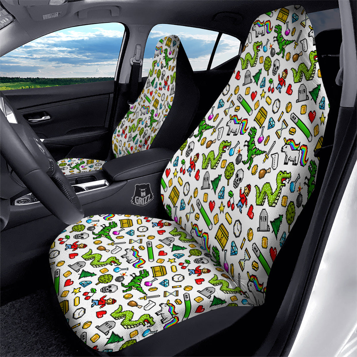 Pixel Art 8 Bit Retro Cartoon Print Pattern Car Seat Covers-grizzshop