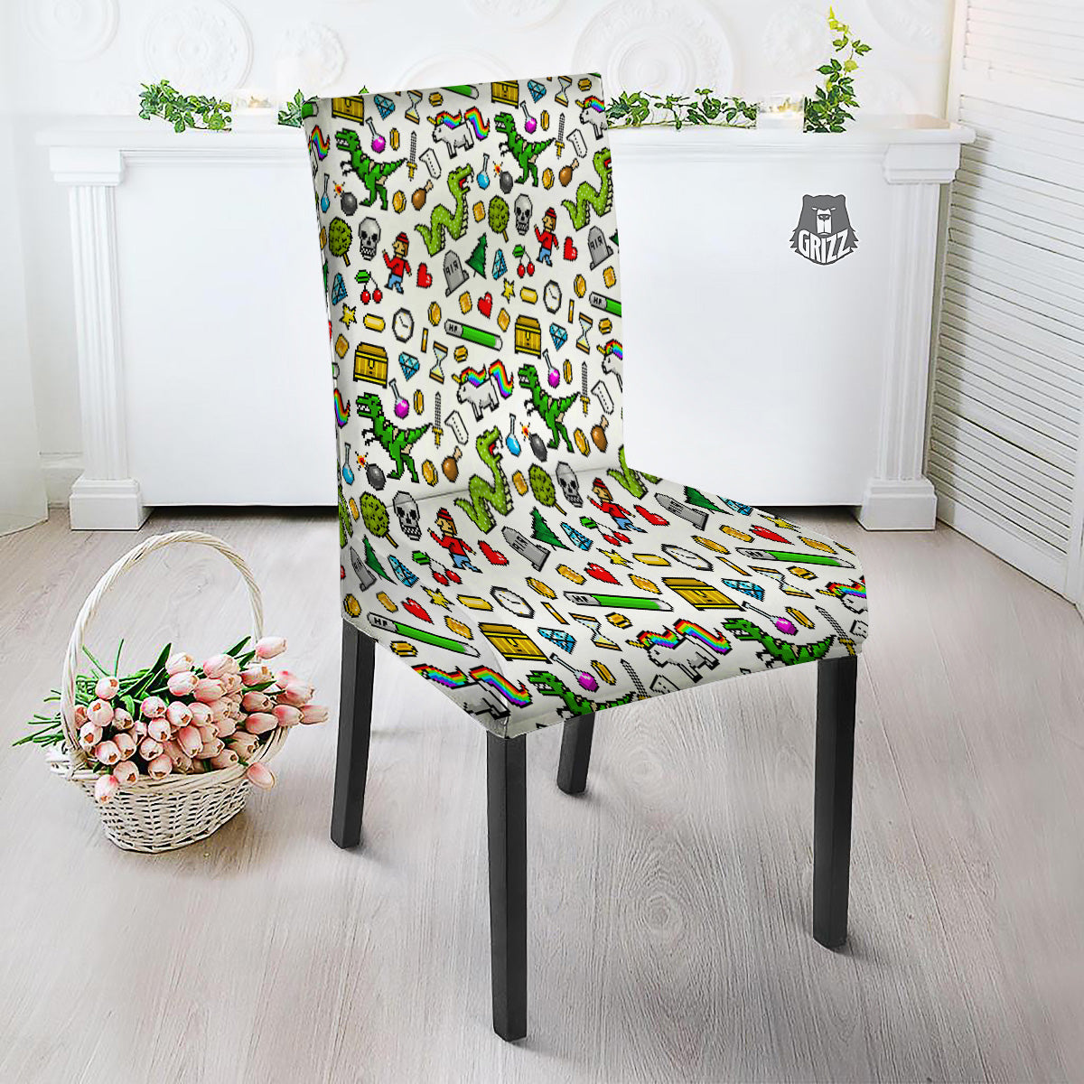 Pixel Art 8 Bit Retro Cartoon Print Pattern Dining Chair Slipcover-grizzshop
