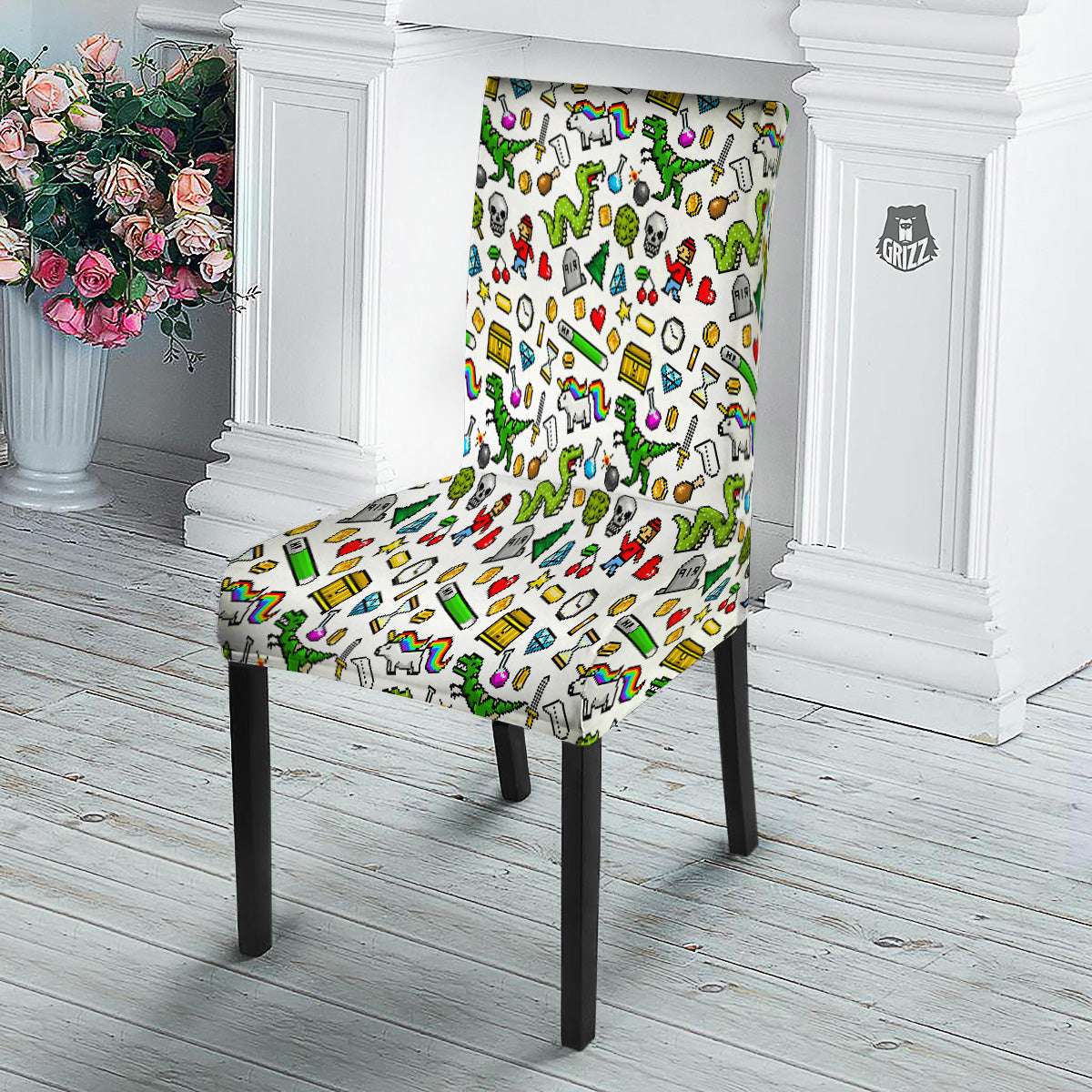 Pixel Art 8 Bit Retro Cartoon Print Pattern Dining Chair Slipcover-grizzshop