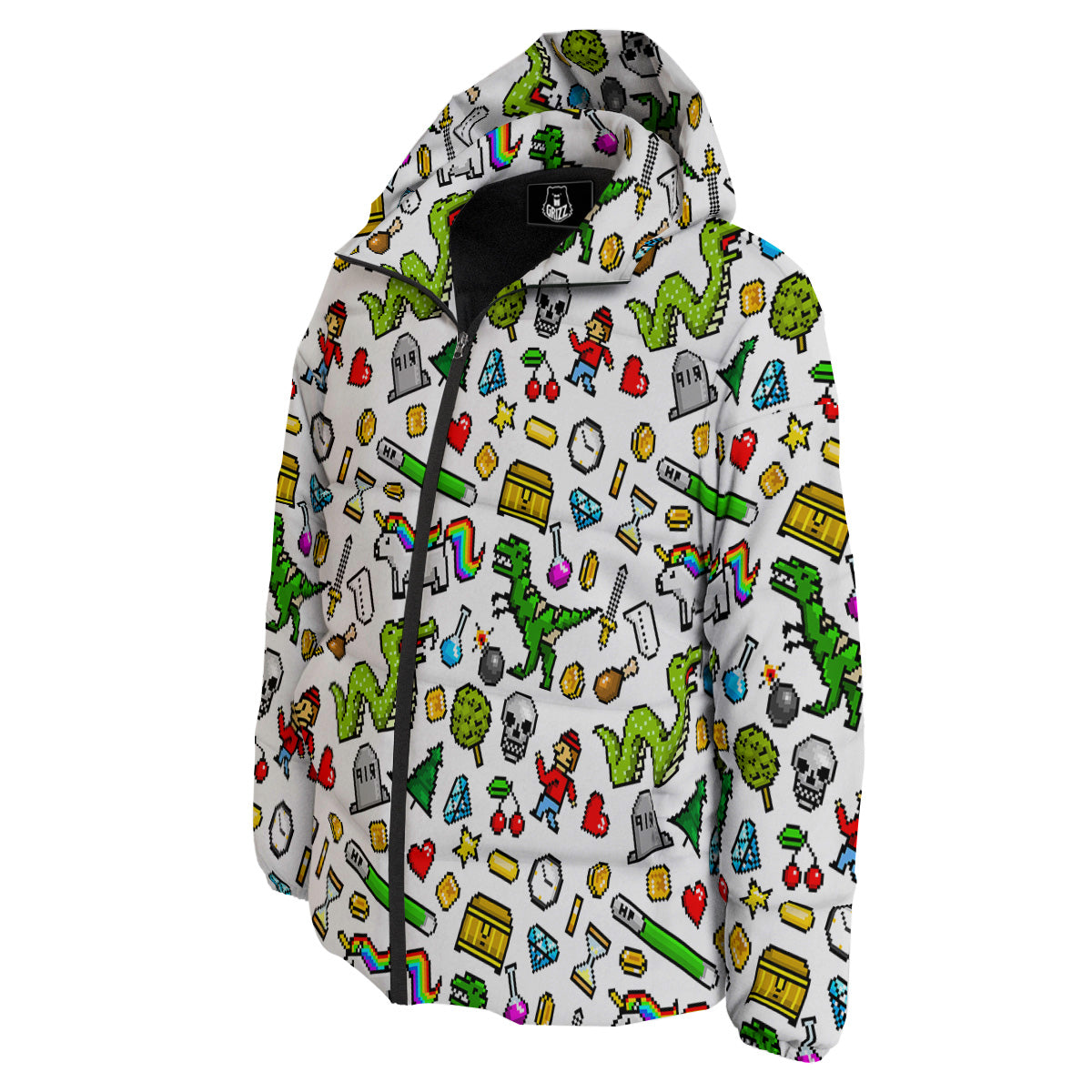 Pixel Art 8 Bit Retro Cartoon Print Pattern Down Jacket-grizzshop