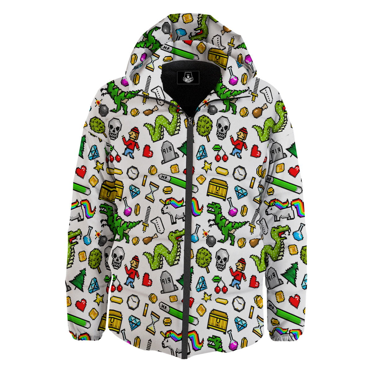 Pixel Art 8 Bit Retro Cartoon Print Pattern Down Jacket-grizzshop