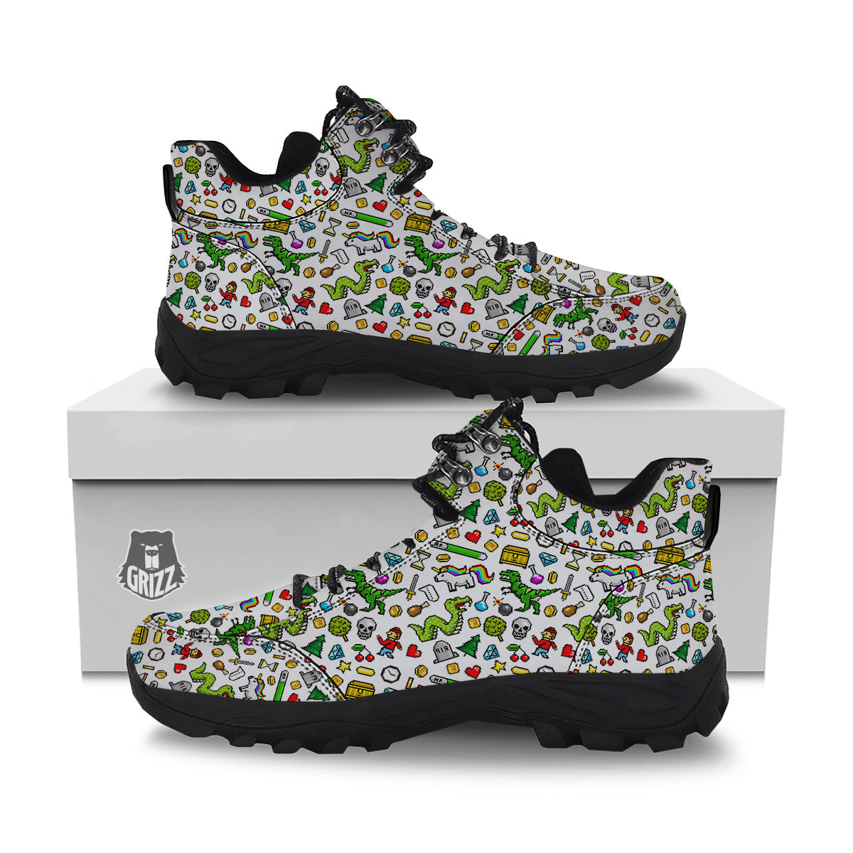 Pixel Art 8 Bit Retro Cartoon Print Pattern Hiking Shoes-grizzshop