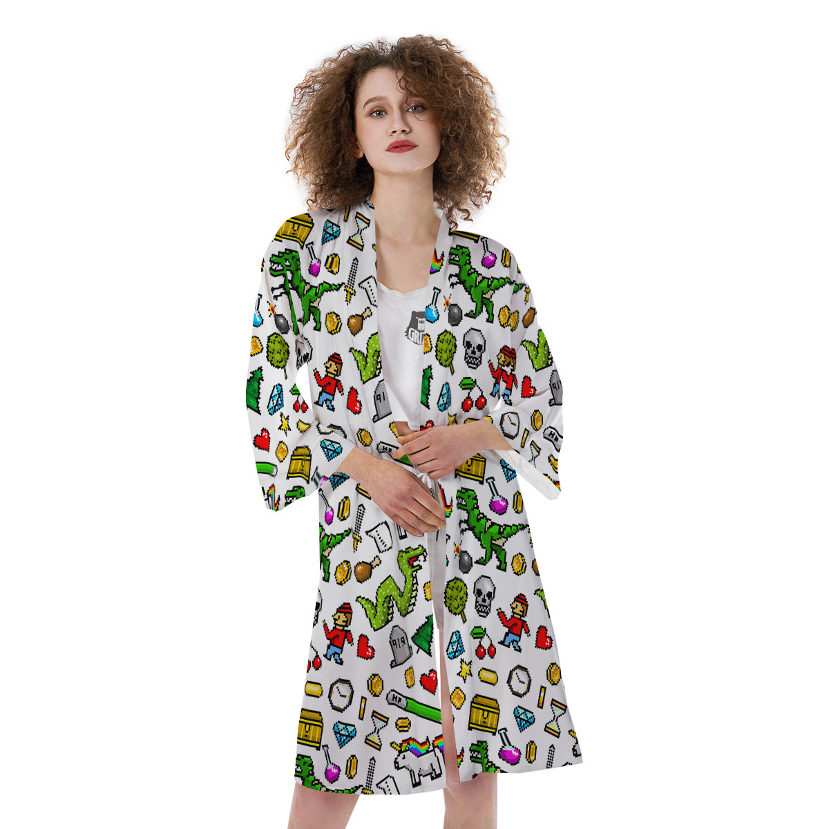 Pixel Art 8 Bit Retro Cartoon Print Pattern Kimono-grizzshop