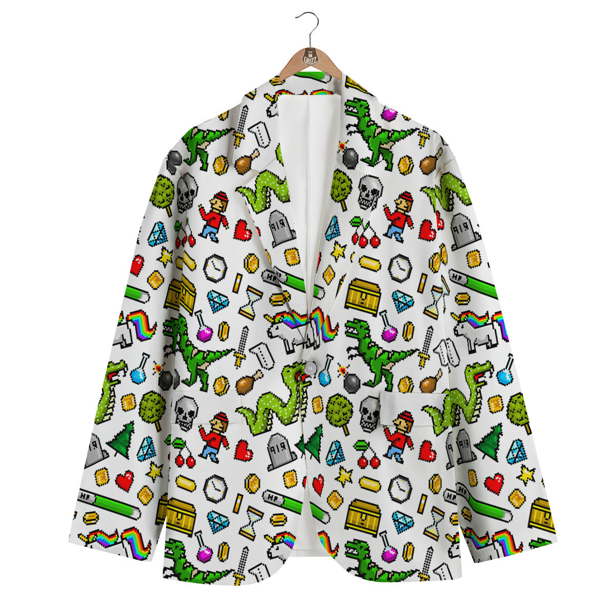 Pixel Art 8 Bit Retro Cartoon Print Pattern Men's Blazer-grizzshop