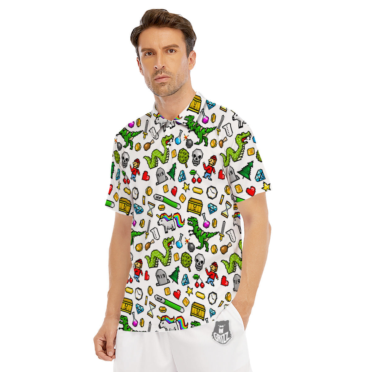 Pixel Art 8 Bit Retro Cartoon Print Pattern Men's Golf Shirts-grizzshop