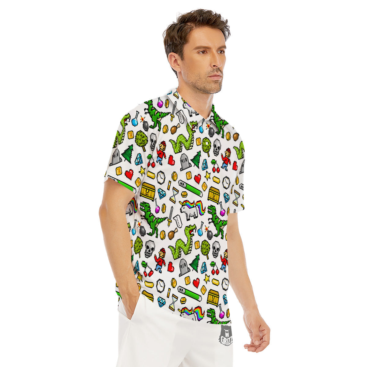 Pixel Art 8 Bit Retro Cartoon Print Pattern Men's Golf Shirts-grizzshop
