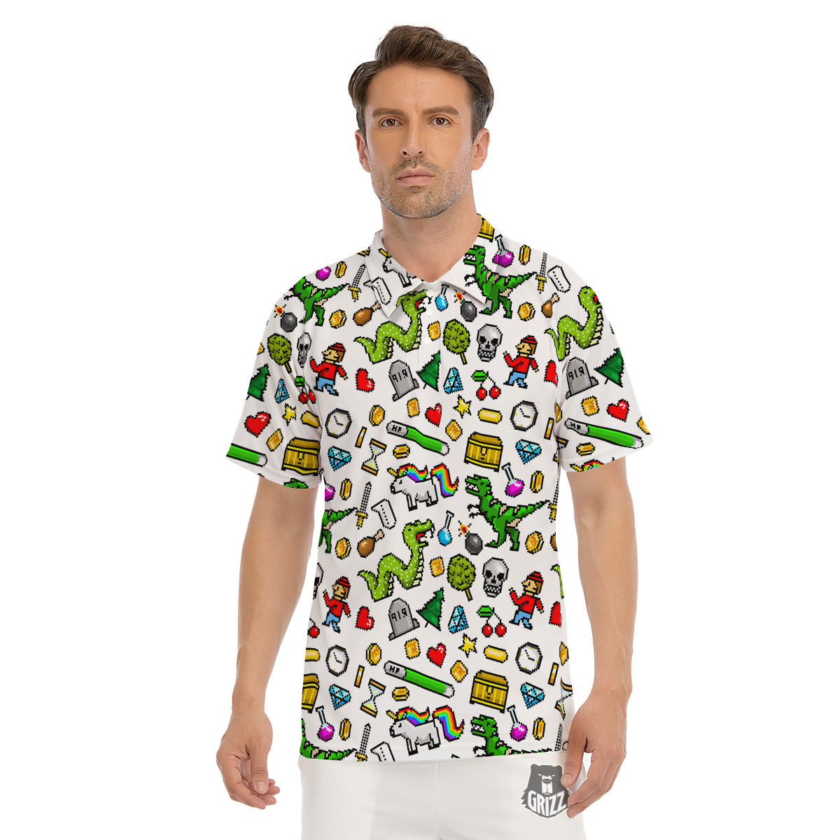Pixel Art 8 Bit Retro Cartoon Print Pattern Men's Golf Shirts-grizzshop