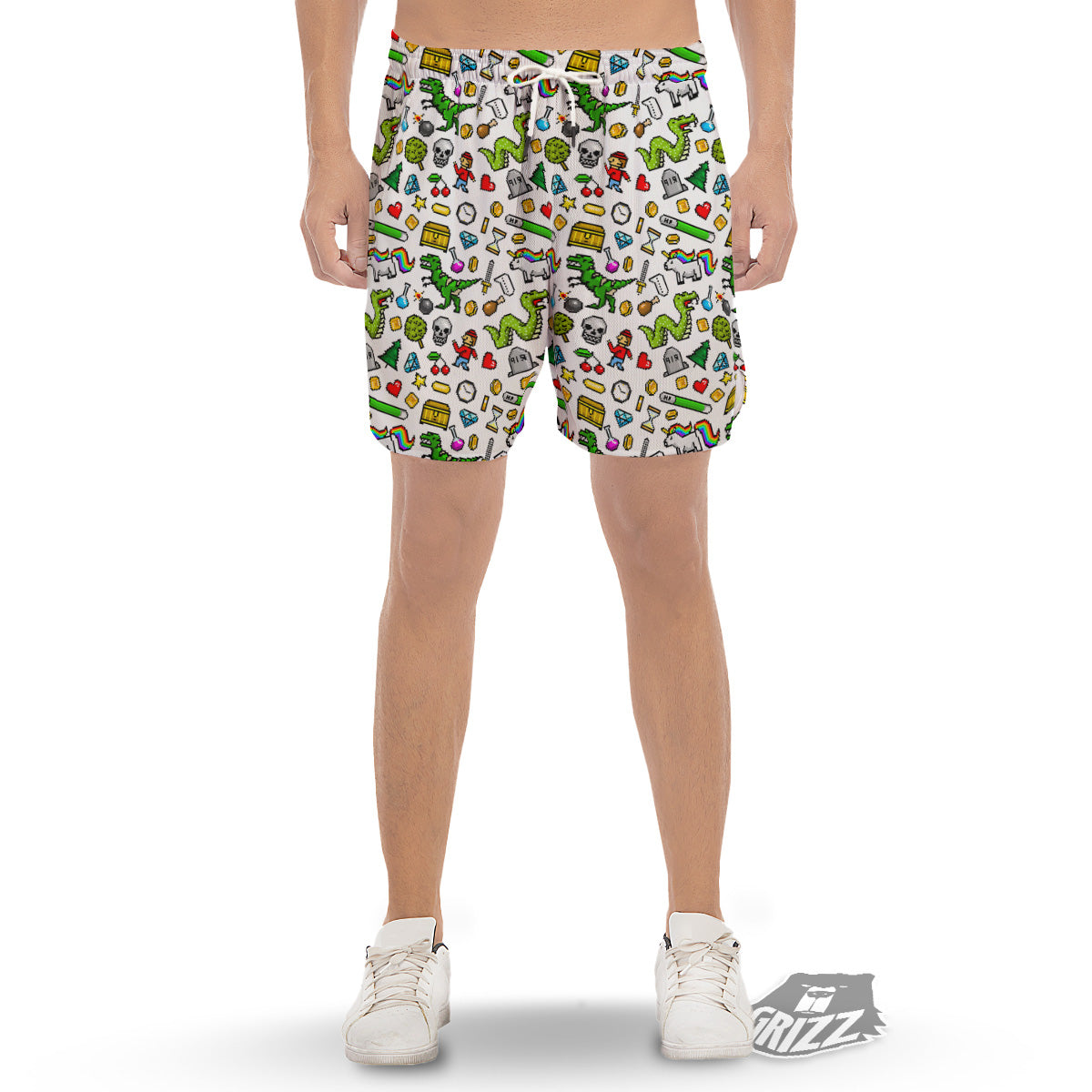 Pixel Art 8 Bit Retro Cartoon Print Pattern Men's Gym Shorts-grizzshop