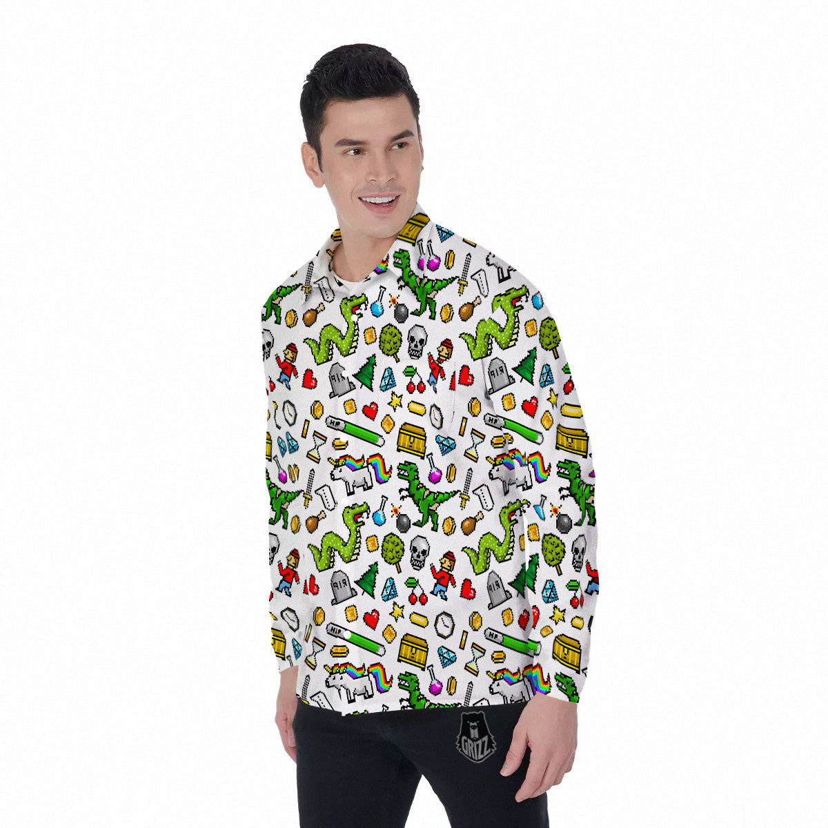 Pixel Art 8 Bit Retro Cartoon Print Pattern Men's Long Sleeve Shirts-grizzshop