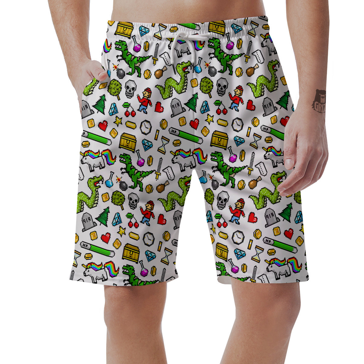 Pixel Art 8 Bit Retro Cartoon Print Pattern Men's Shorts-grizzshop
