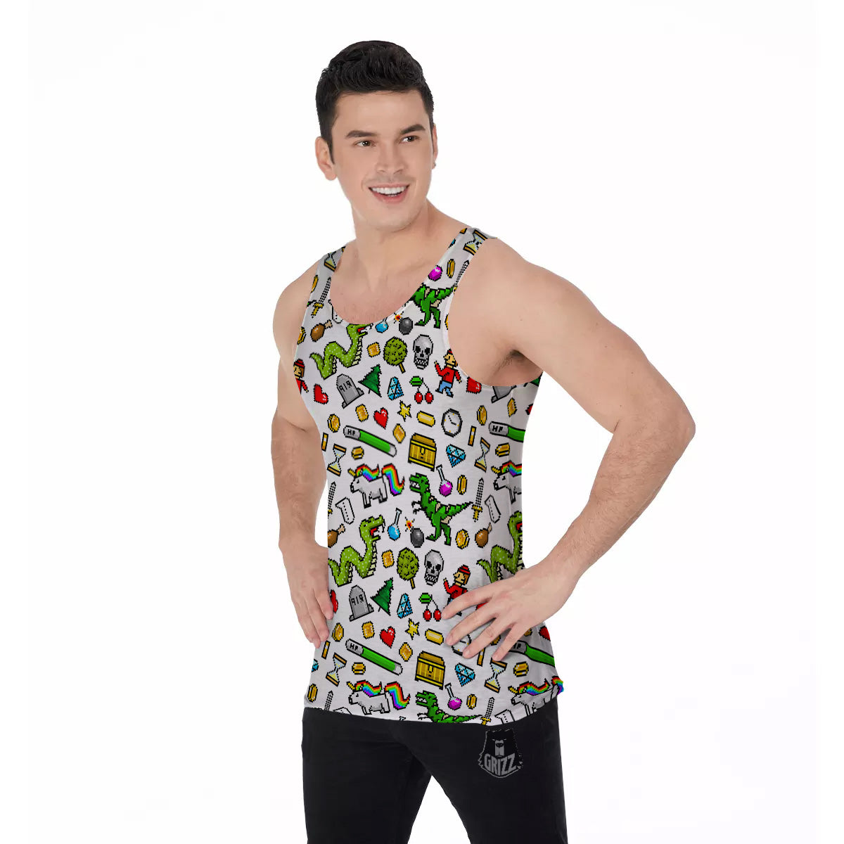 Pixel Art 8 Bit Retro Cartoon Print Pattern Men's Tank Top-grizzshop