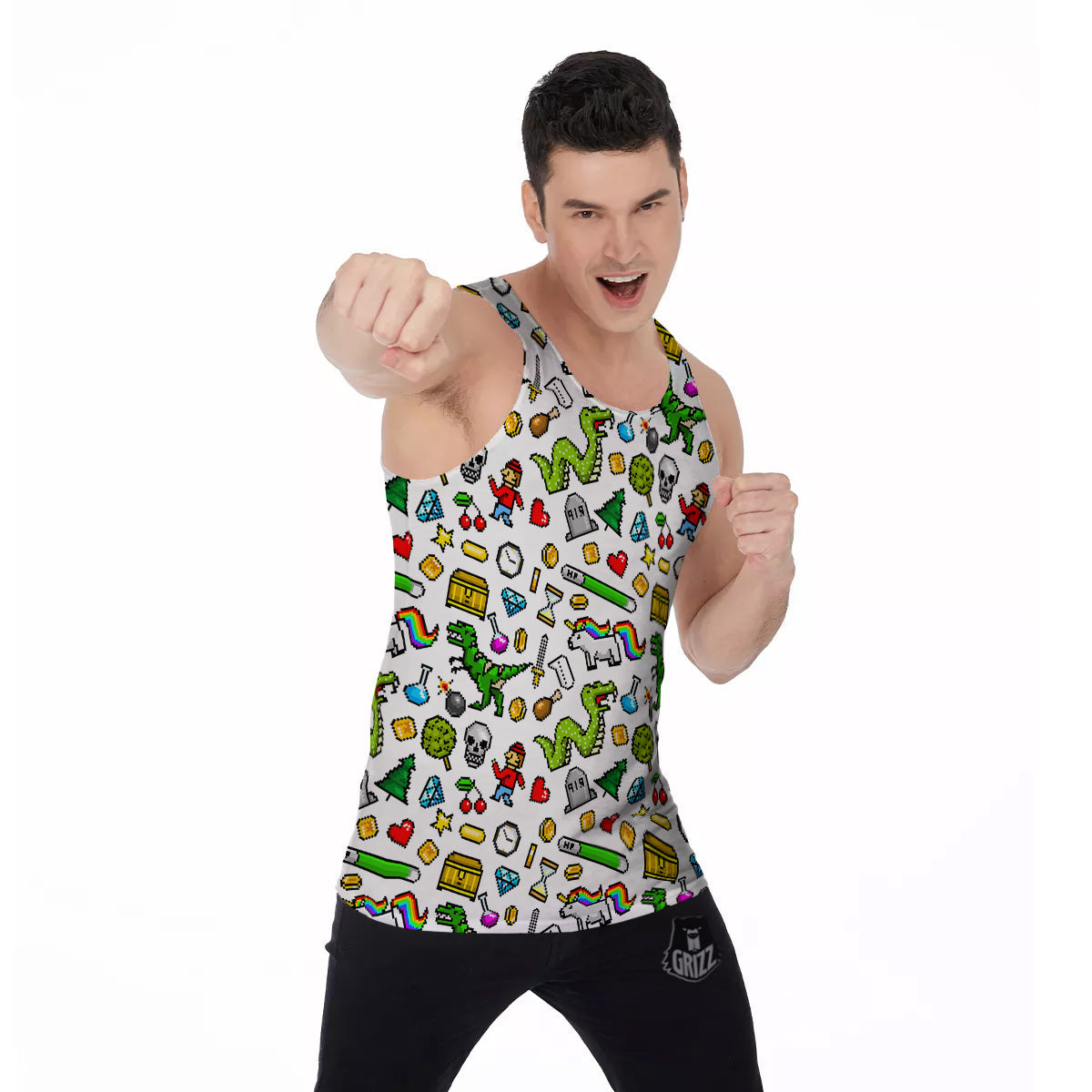 Pixel Art 8 Bit Retro Cartoon Print Pattern Men's Tank Top-grizzshop