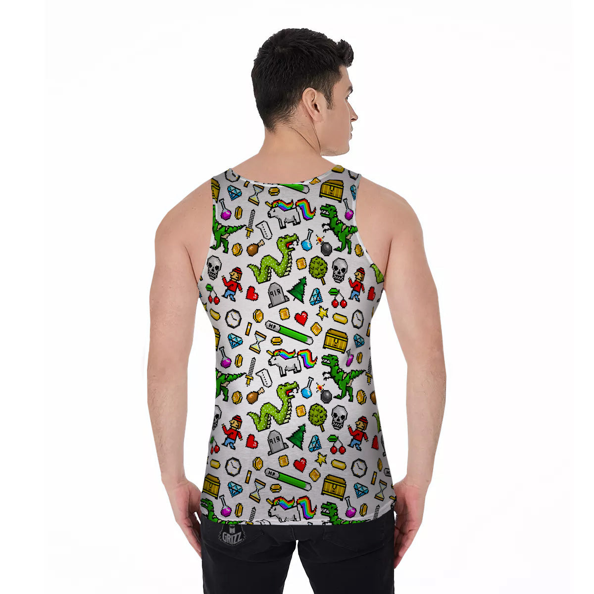Pixel Art 8 Bit Retro Cartoon Print Pattern Men's Tank Top-grizzshop