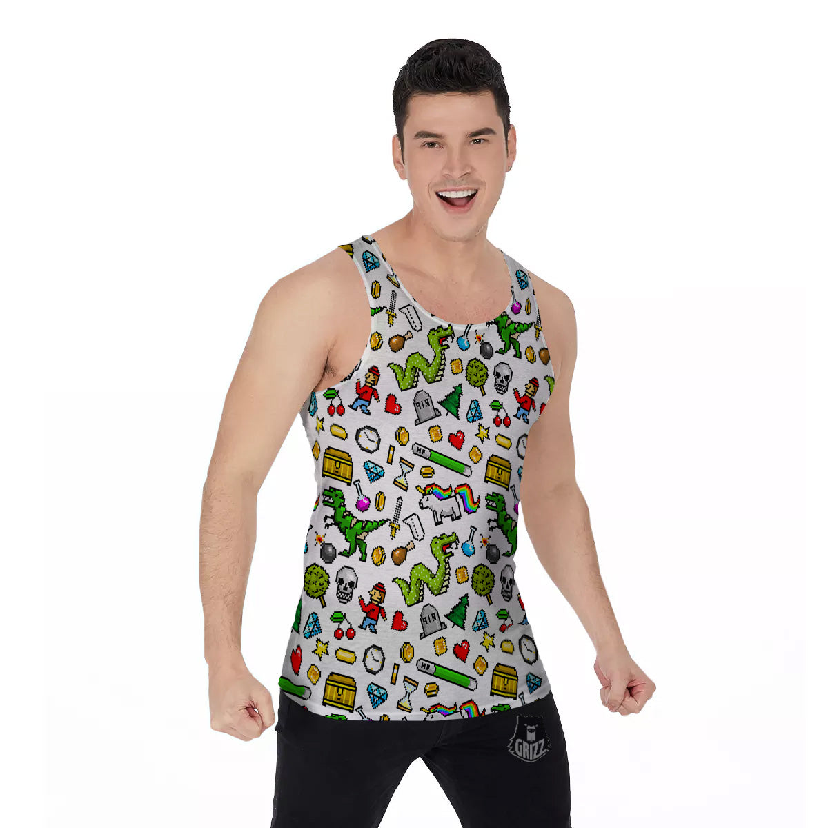 Pixel Art 8 Bit Retro Cartoon Print Pattern Men's Tank Top-grizzshop