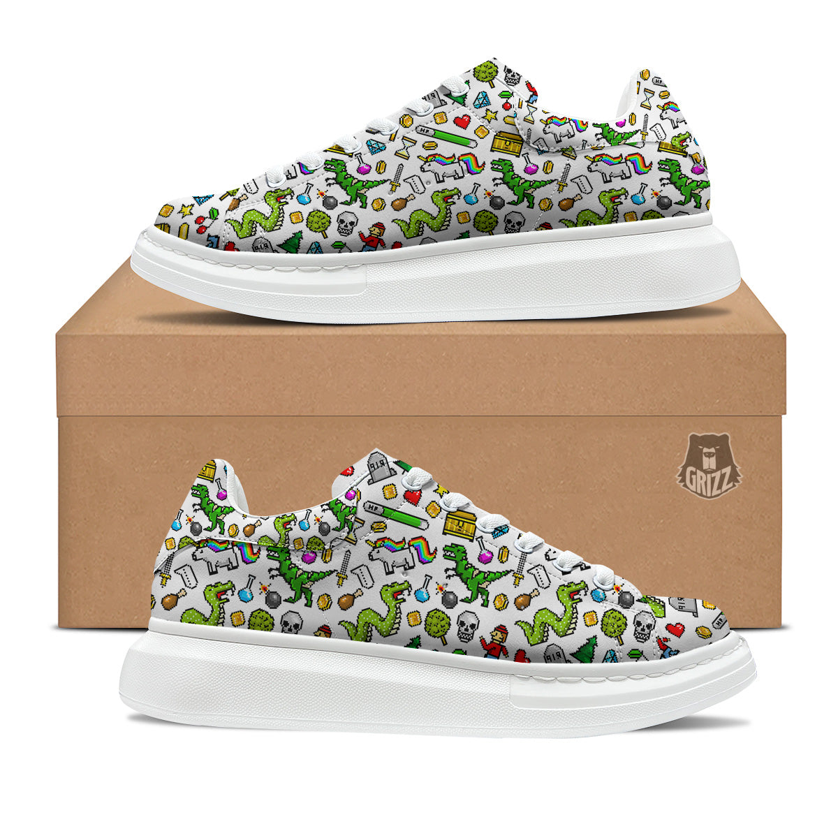 Pixel Art 8 Bit Retro Cartoon Print Pattern Platform Shoes-grizzshop