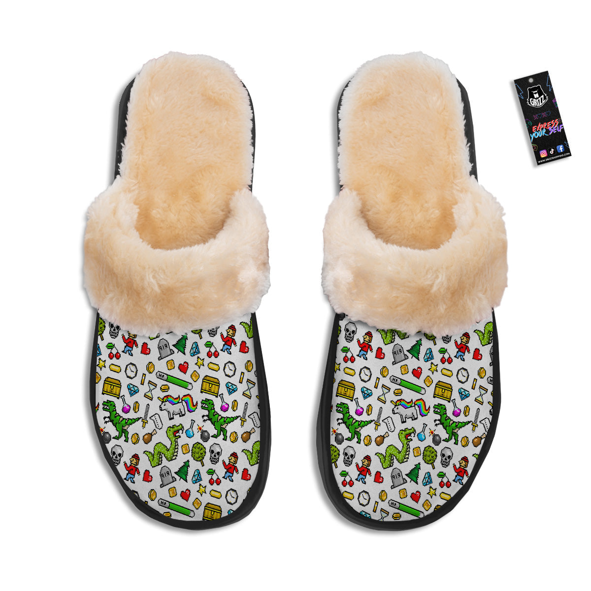 Pixel Art 8 Bit Retro Cartoon Print Pattern Slippers-grizzshop