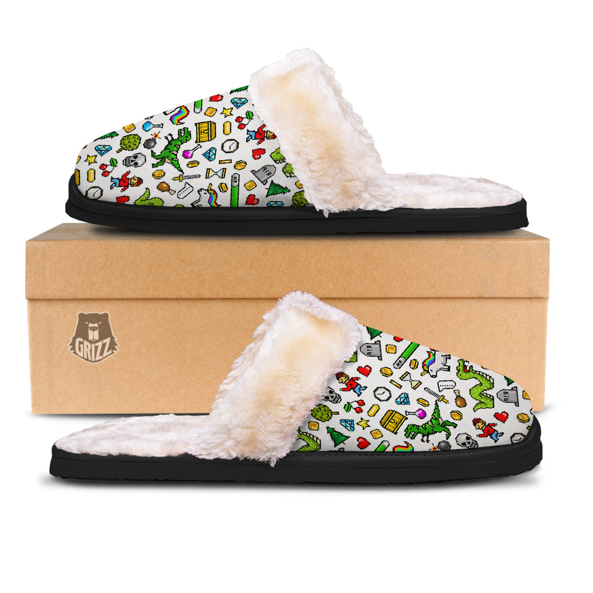 Pixel Art 8 Bit Retro Cartoon Print Pattern Slippers-grizzshop
