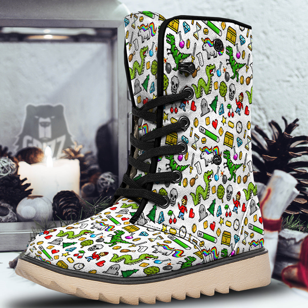 Pixel Art 8 Bit Retro Cartoon Print Pattern Snow Boots-grizzshop