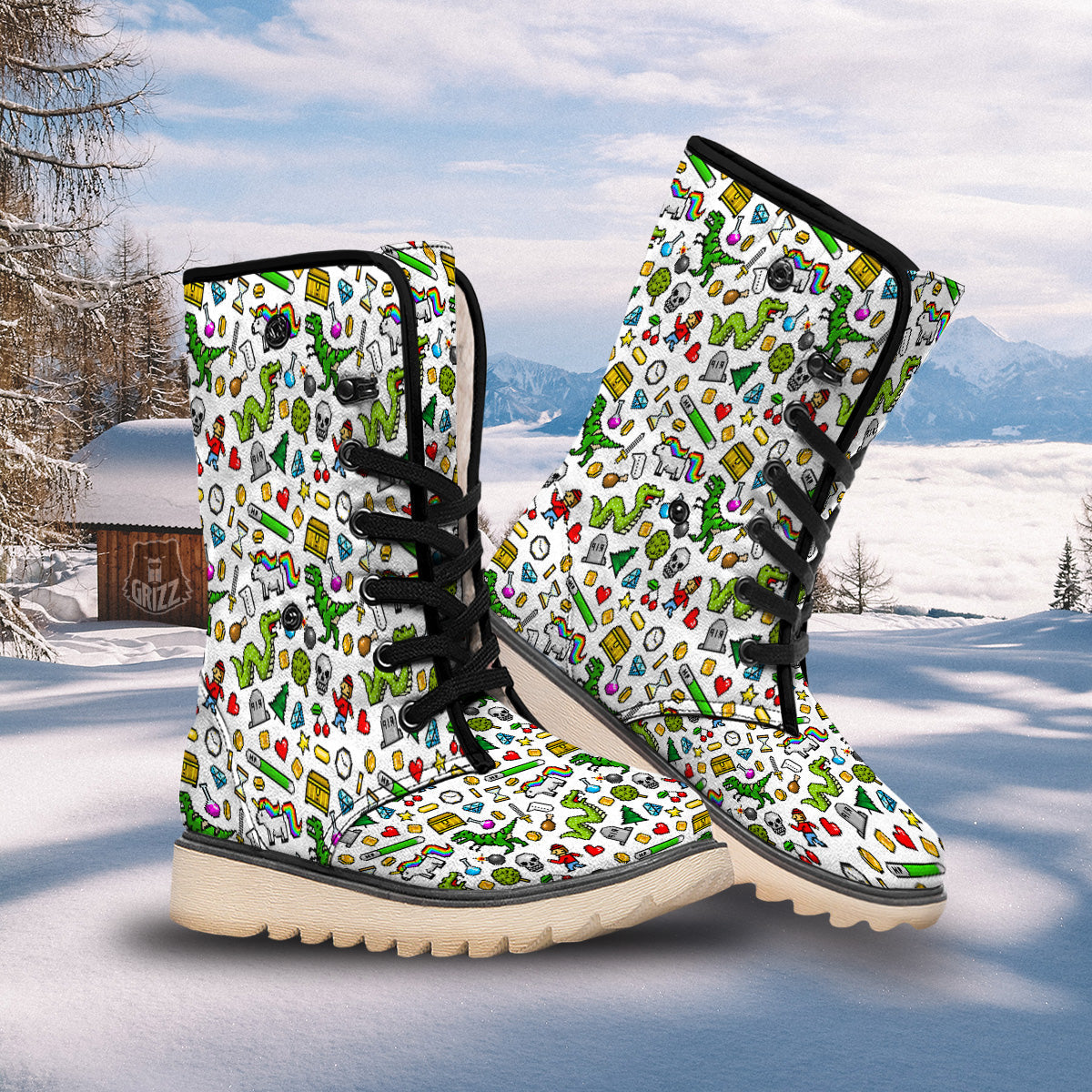 Pixel Art 8 Bit Retro Cartoon Print Pattern Snow Boots-grizzshop