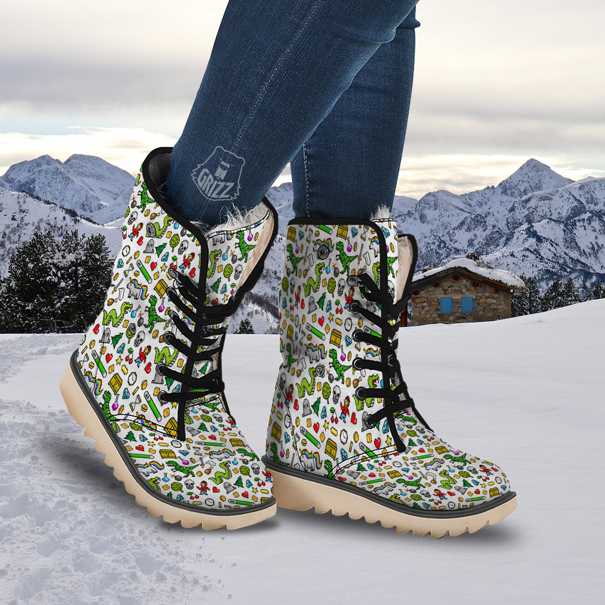 Pixel Art 8 Bit Retro Cartoon Print Pattern Snow Boots-grizzshop