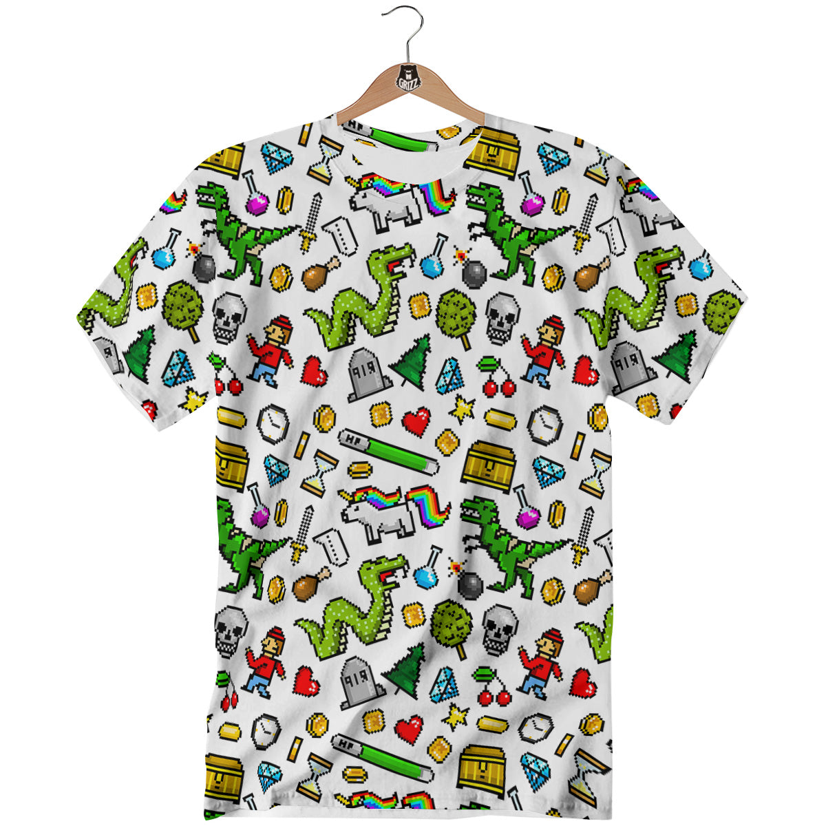 Pixel Art 8 Bit Retro Cartoon Print Pattern T-Shirt-grizzshop
