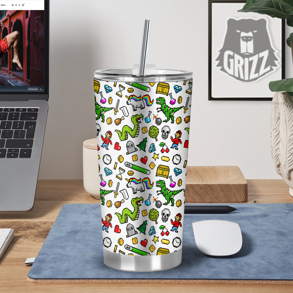 Pixel Art 8 Bit Retro Cartoon Print Pattern Tumbler-grizzshop