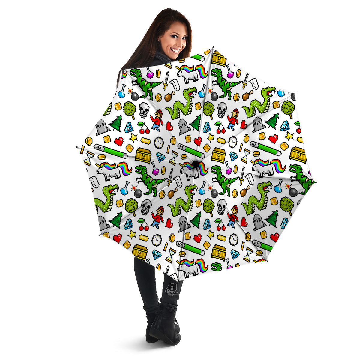 Pixel Art 8 Bit Retro Cartoon Print Pattern Umbrella-grizzshop