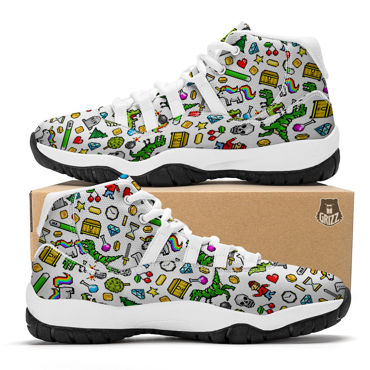 Pixel Art 8 Bit Retro Cartoon Print Pattern White Bball Shoes-grizzshop