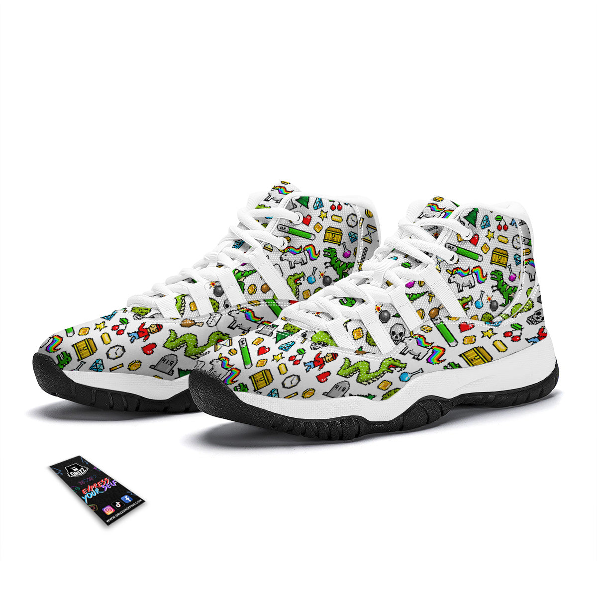 Pixel Art 8 Bit Retro Cartoon Print Pattern White Bball Shoes-grizzshop