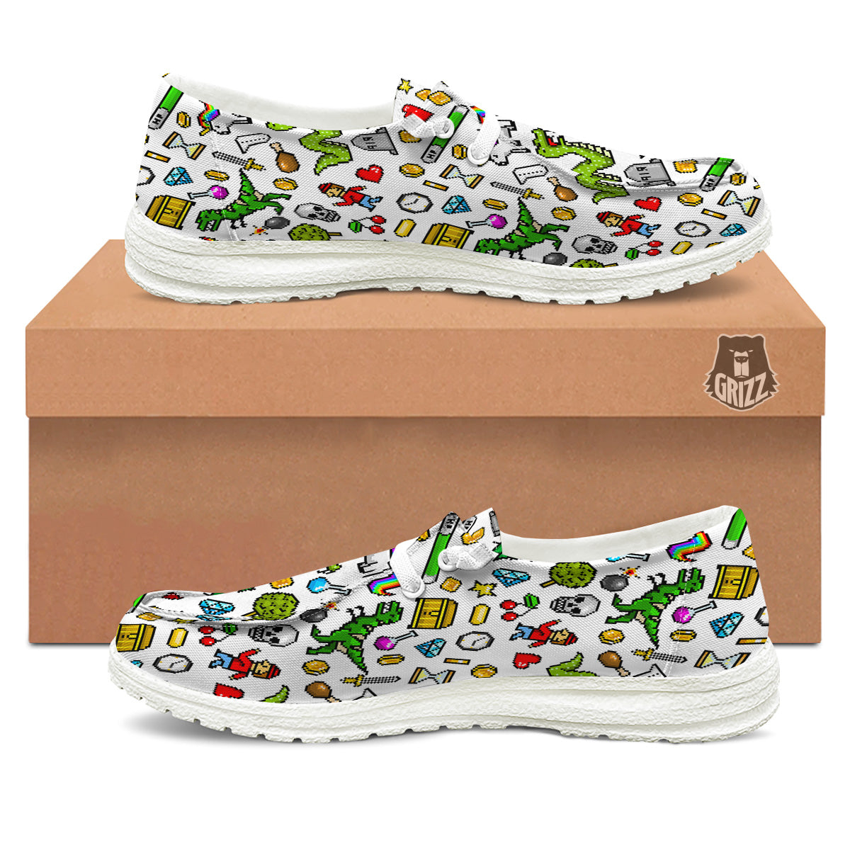 Pixel Art 8 Bit Retro Cartoon Print Pattern White Loafers-grizzshop
