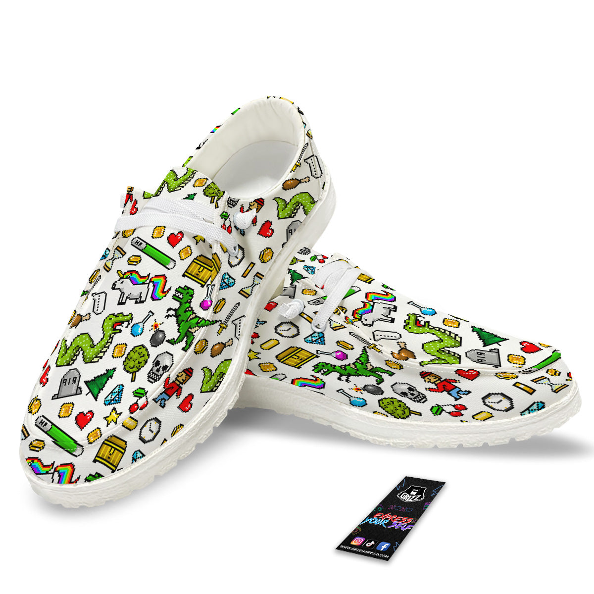 Pixel Art 8 Bit Retro Cartoon Print Pattern White Loafers-grizzshop