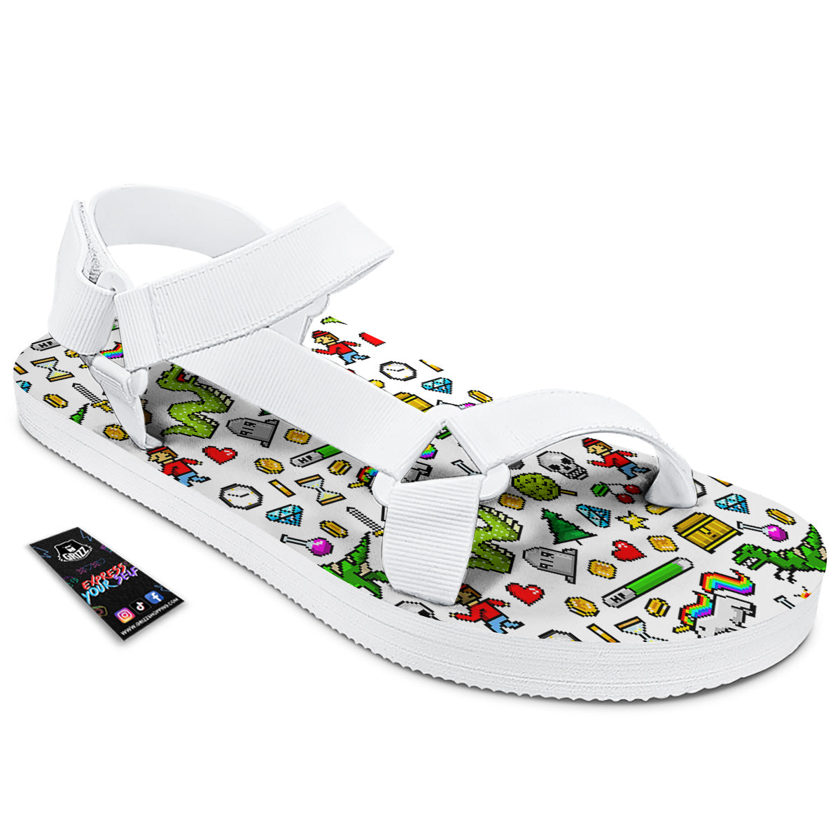 Pixel Art 8 Bit Retro Cartoon Print Pattern White Open Toe Sandals-grizzshop
