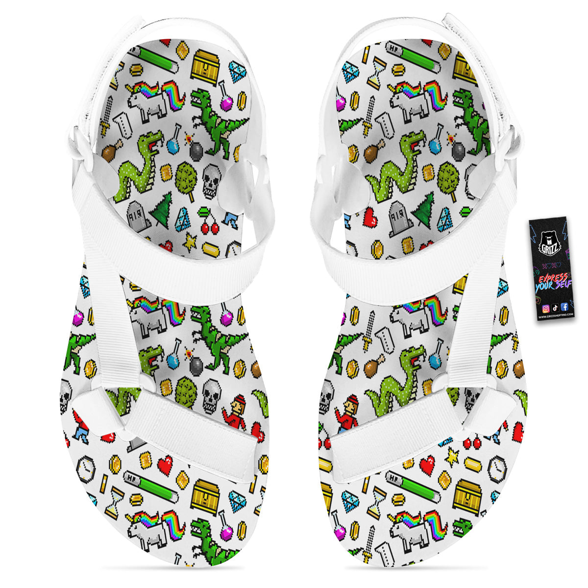 Pixel Art 8 Bit Retro Cartoon Print Pattern White Open Toe Sandals-grizzshop