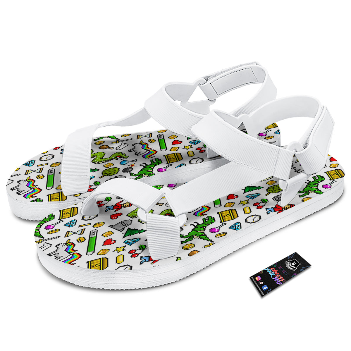 Pixel Art 8 Bit Retro Cartoon Print Pattern White Open Toe Sandals-grizzshop