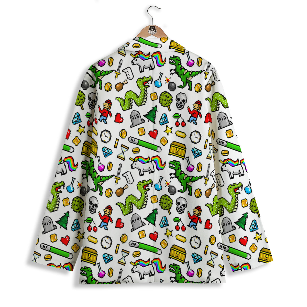 Pixel Art 8 Bit Retro Cartoon Print Pattern Women's Blazer-grizzshop