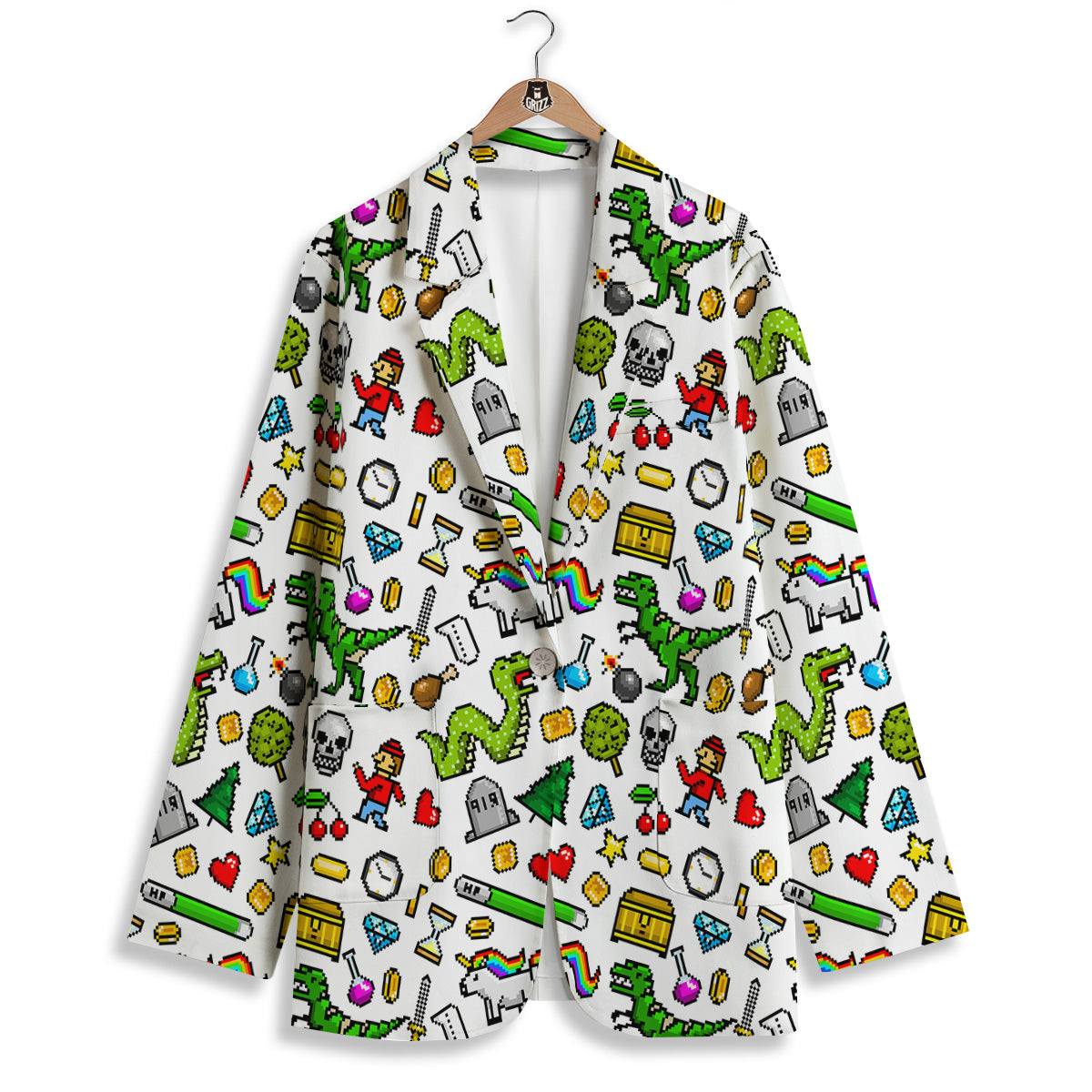 Pixel Art 8 Bit Retro Cartoon Print Pattern Women's Blazer-grizzshop