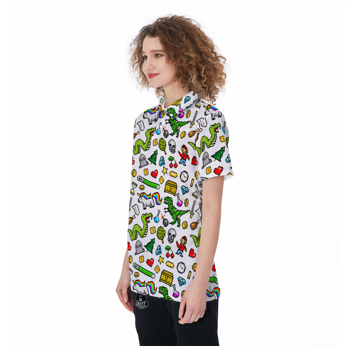 Pixel Art 8 Bit Retro Cartoon Print Pattern Women's Golf Shirts-grizzshop