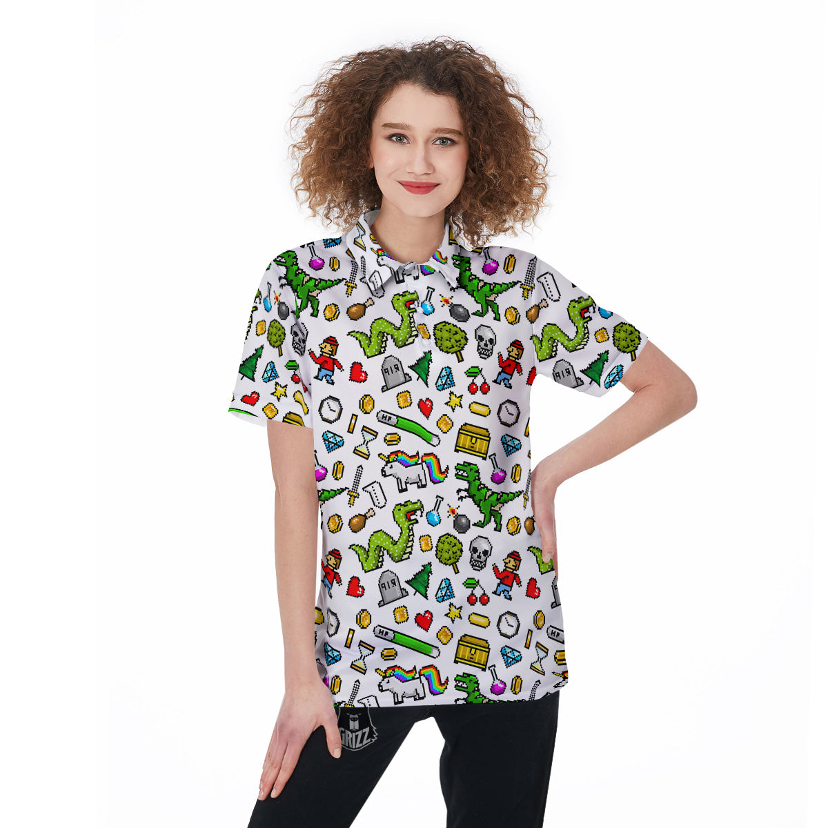 Pixel Art 8 Bit Retro Cartoon Print Pattern Women's Golf Shirts-grizzshop
