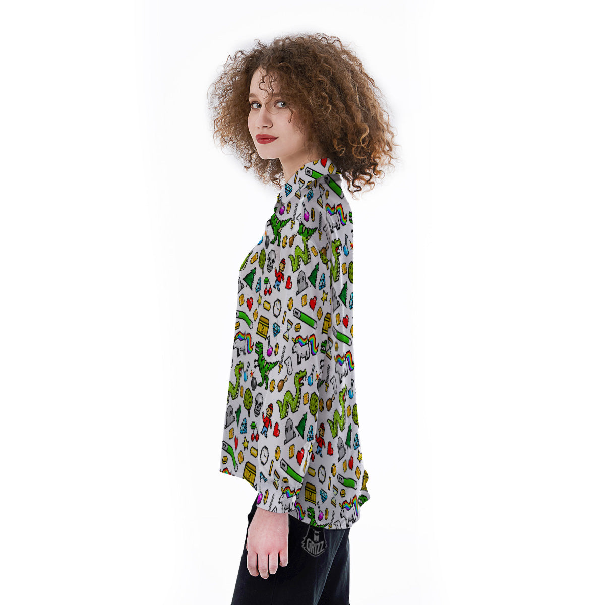Pixel Art 8 Bit Retro Cartoon Print Pattern Women's Long Sleeve Shirts-grizzshop