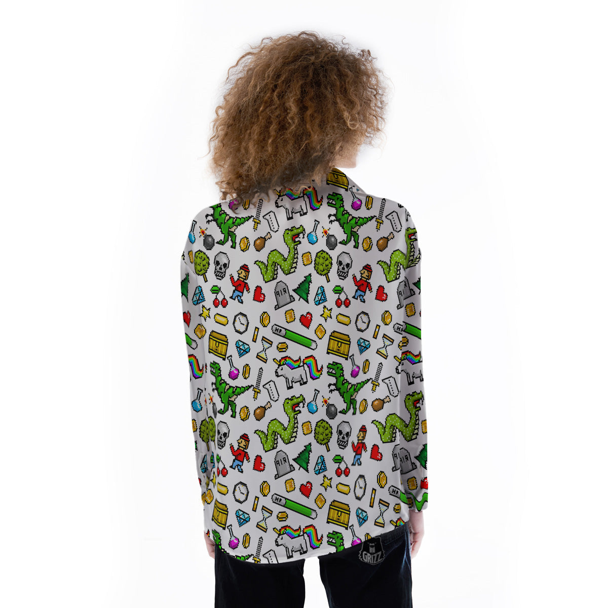 Pixel Art 8 Bit Retro Cartoon Print Pattern Women's Long Sleeve Shirts-grizzshop