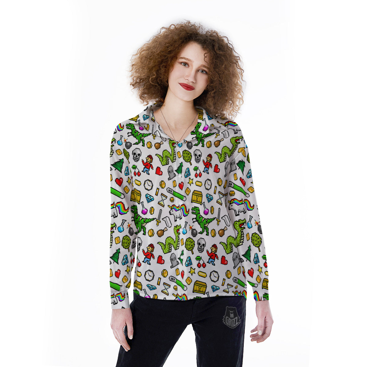 Pixel Art 8 Bit Retro Cartoon Print Pattern Women's Long Sleeve Shirts-grizzshop