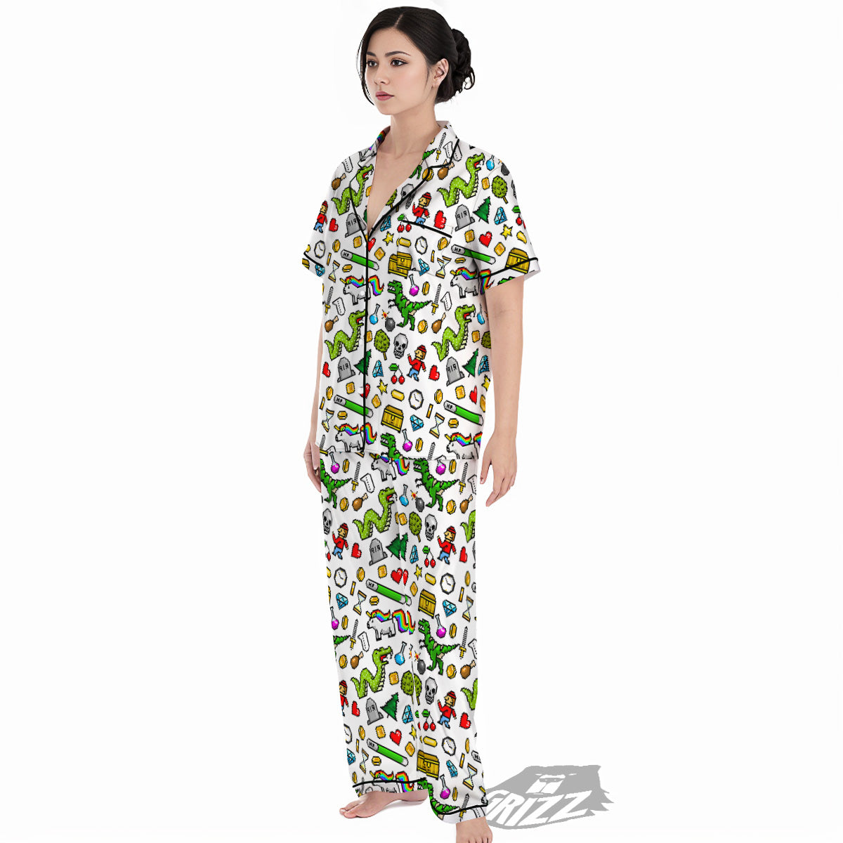 Pixel Art 8 Bit Retro Cartoon Print Pattern Women's Pajamas Set-grizzshop