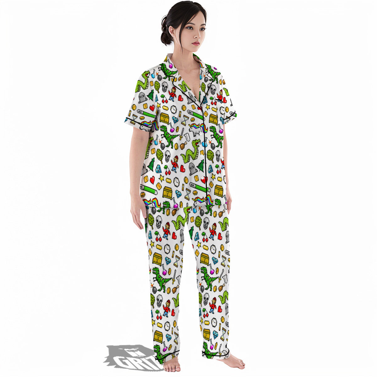 Pixel Art 8 Bit Retro Cartoon Print Pattern Women's Pajamas Set-grizzshop