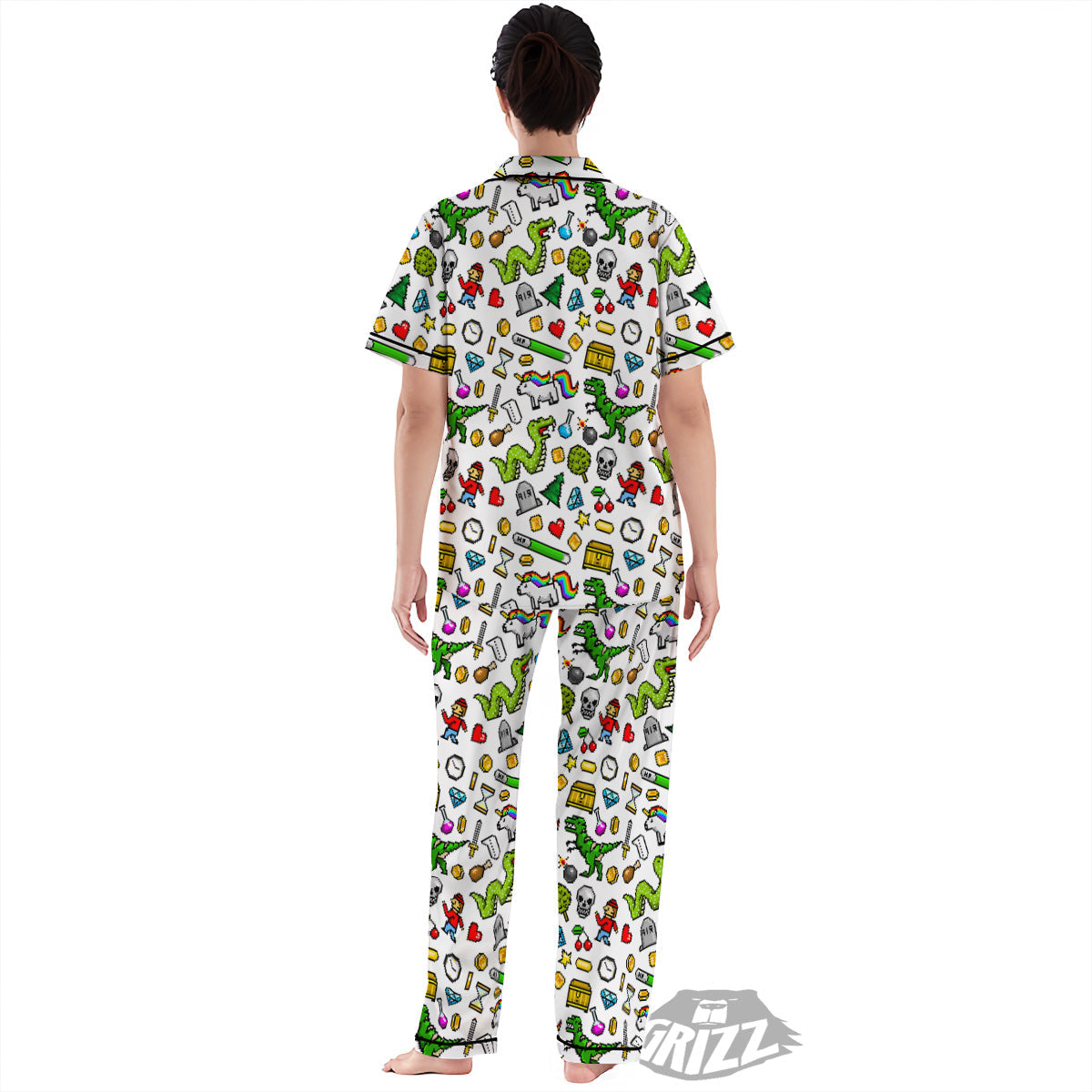 Pixel Art 8 Bit Retro Cartoon Print Pattern Women's Pajamas Set-grizzshop